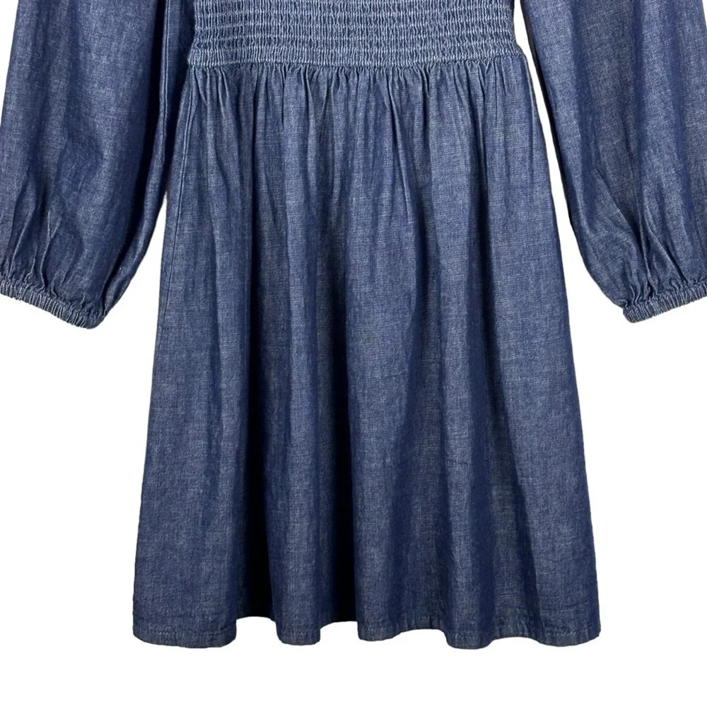 J. CREW BG118 COTTON CHAMBRAY DENIM BLUE SMOCKED PUFF SLEEVE MINI DRESS